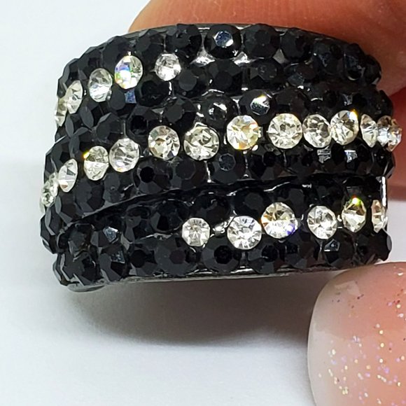 Pave' Black and Clear Rhinestone Cigar Band Fashion Stretch Ring - Picture 3 of 10